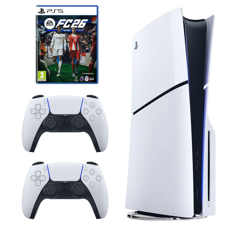 کنسول بازی سونی مدل PlayStation 5 Slim ریجن اروپا سری 2016A نسخه دیسکخور ظرفیت یک ترابایت به همراه دسته اضافی و بازی EA SPORTS FC 26